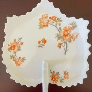 Limoge France leaf shape handled plate/tray. Decorated with Orange flowers.